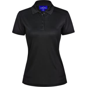 A black ladies' bamboo charcoal polo shirt with short sleeves and a collar, featuring a logo.