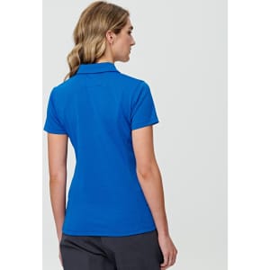 A blue short-sleeve polo shirt for women, featuring a collar and a logo on the back.