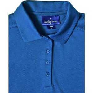 A blue polo shirt featuring a collar, buttons, and a brand label on the inside.