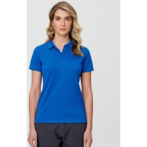 A blue ladies' bamboo charcoal short-sleeve polo shirt with a collar and buttons, featuring a logo.
