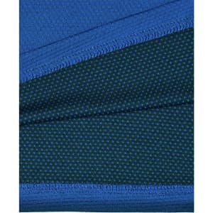 A close-up of a blue and dark green polo shirt featuring a textured fabric and a logo.