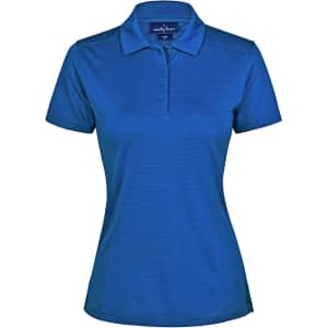 A blue ladies' bamboo charcoal polo shirt with a collar and three buttons, featuring a branding logo.