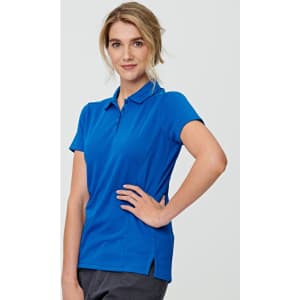 A blue ladies' short-sleeve polo shirt made from bamboo charcoal, featuring a collar and a logo.
