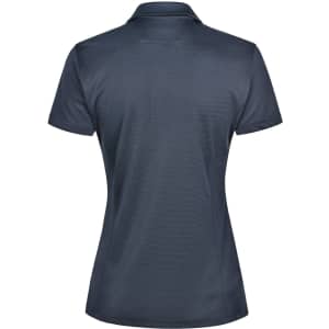 A grey ladies' polo shirt featuring a collar and a logo on the back. Made from bamboo charcoal fabric.