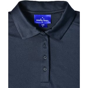 A navy bamboo charcoal polo shirt with a collar and four buttons, featuring a logo at the neckline.