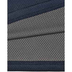 A close-up of a two-tone polo shirt featuring a navy blue top section and a grey, dotted underlay. The fabric is textured and breathable.