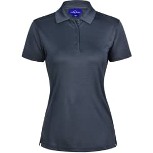 A ladies' short-sleeve polo shirt in dark grey with a subtle texture, featuring a collar and a logo.