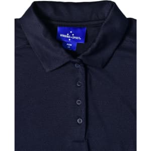 A navy blue polo shirt with a collar, featuring a buttoned placket and a logo on the label.