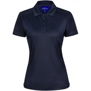 A navy blue women's polo shirt with a collared neckline, short sleeves, and a logo.