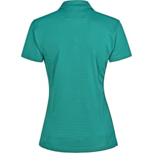 A teal ladies' polo shirt with a fitted design and a collar, featuring a logo on the side.