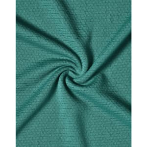 A textured fabric in a rich teal colour, showcasing a subtle grid pattern. There is a logo present.