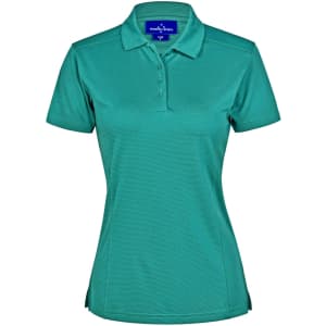 A teal bamboo charcoal polo shirt with a collar, short sleeves, and a branded logo.