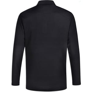 A long-sleeve polo shirt in black with a collar and a logo on the chest.