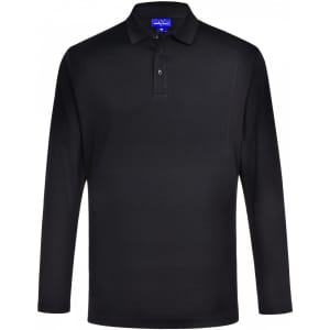A black long-sleeve polo shirt with a collar and buttons, featuring a logo on the chest.
