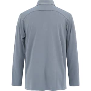 A long-sleeved, grey polo shirt featuring a collar and a simple design, with a logo on the back.