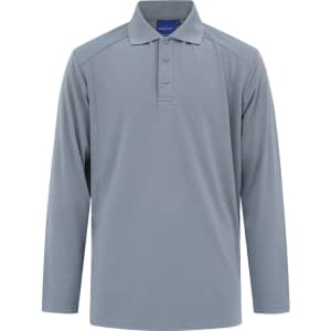 A long-sleeve polo shirt in light grey, featuring a collar and a logo on the chest.