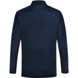 A navy long-sleeve polo shirt with a collar, featuring a logo on the chest.