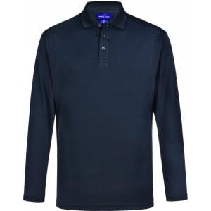 A navy long-sleeve polo shirt featuring a collar and buttons, with a logo on the chest.