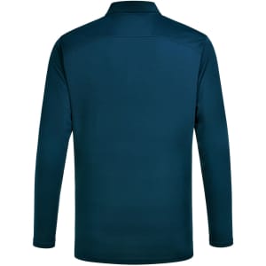 A long-sleeve polo shirt in teal, featuring a collar and a logo on the back.
