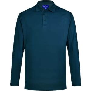 A long-sleeved polo shirt in a teal colour, featuring a collar and a logo.
