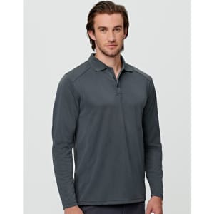 A long-sleeve polo shirt in dark grey, featuring a collar and a logo on the chest.