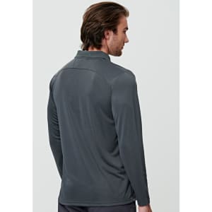 A long-sleeved polo shirt in charcoal grey, featuring a collar and a brand logo.
