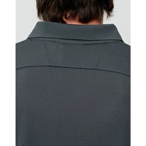 A dark grey men's bamboo charcoal long-sleeve polo shirt, focusing on the back collar and textured fabric.