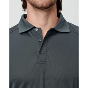 A charcoal grey men's long-sleeve polo shirt with a collar and three buttons, featuring a logo.