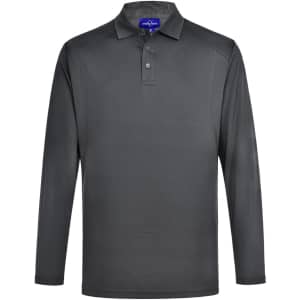 A long-sleeved men's polo shirt in dark grey with a collar and a branding logo on the chest.