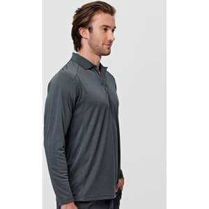 A men's long-sleeve polo shirt in charcoal grey with a collar and a logo.