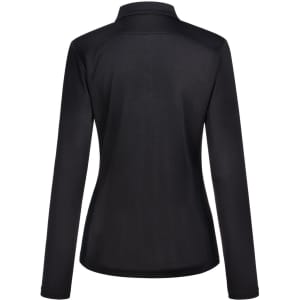 A black long-sleeve polo shirt for women with a fitted design and a collar, featuring a logo.