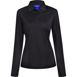 A black long-sleeve polo shirt for ladies made from bamboo charcoal fabric. Features a collar and a logo.