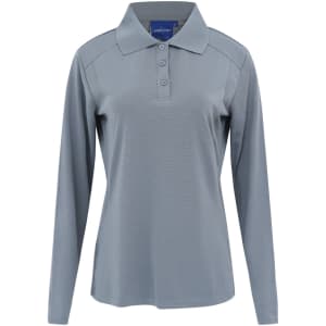 A long-sleeved women's polo shirt in light grey with a collar and three buttons, featuring a logo.