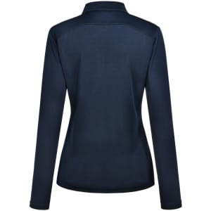 A navy blue ladies' long-sleeve polo shirt with a fitted design and collar, featuring a logo.