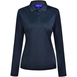 A long-sleeved polo shirt in dark navy with a collar and button placket, featuring a logo on the chest.