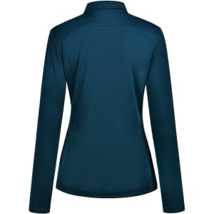 A women's long sleeve polo shirt in a deep teal colour, featuring a back view with a sleek design and a collar.