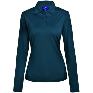 A long-sleeved polo shirt in dark teal, featuring a collar and a button placket, with a logo on the chest.