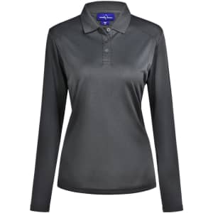 A long-sleeved polo shirt in dark grey with a collar and button placket, featuring a logo.