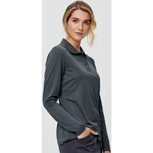 A long-sleeved polo shirt in charcoal grey, featuring a collar and a logo on the chest.