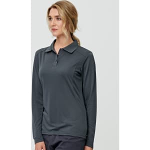 A long-sleeve polo shirt in dark grey, featuring a collar and a logo. Suitable for ladies' wear.