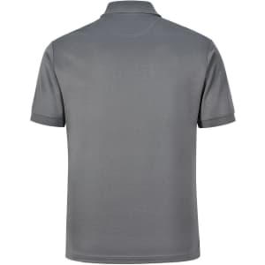 A grey men's sustainable poly/cotton polo shirt with short sleeves and a collar, featuring a logo on the chest.
