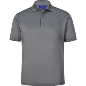 A men's sustainable poly/cotton polo shirt in grey, featuring a collar and three-button placket, with a logo.