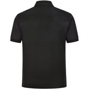 A black men's sustainable poly/cotton short-sleeve polo shirt with a simple design and a logo.