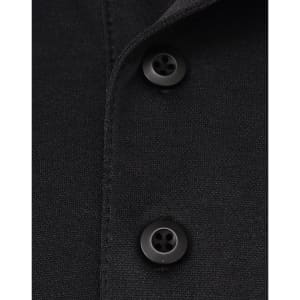 A close-up of a black polo shirt featuring two black buttons and a collar. It has a logo on the fabric.