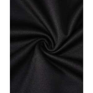 A close-up of black fabric with a smooth texture, showcasing the sustainable poly/cotton blend.