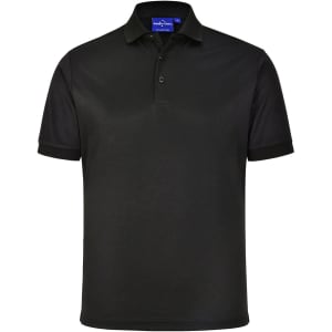 A black men's sustainable poly/cotton short sleeve polo shirt featuring a collar and a logo.