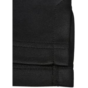 A black sustainable poly/cotton polo shirt with a neatly finished sleeve hem and stitching details.