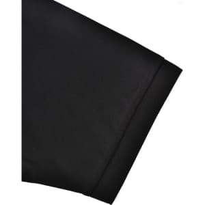 A close-up of a black sustainable poly/cotton polo shirt sleeve featuring a plain finish and a cuff.