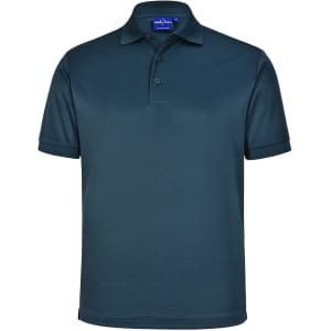 A dark teal men's sustainable poly/cotton short-sleeve polo shirt with a collar and three buttons.