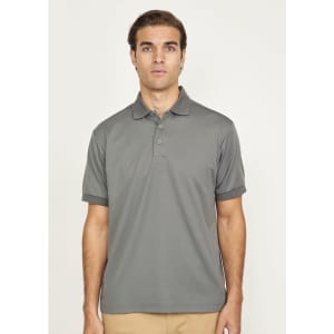 A grey men's polo shirt made from sustainable poly/cotton, featuring a collar and a logo.